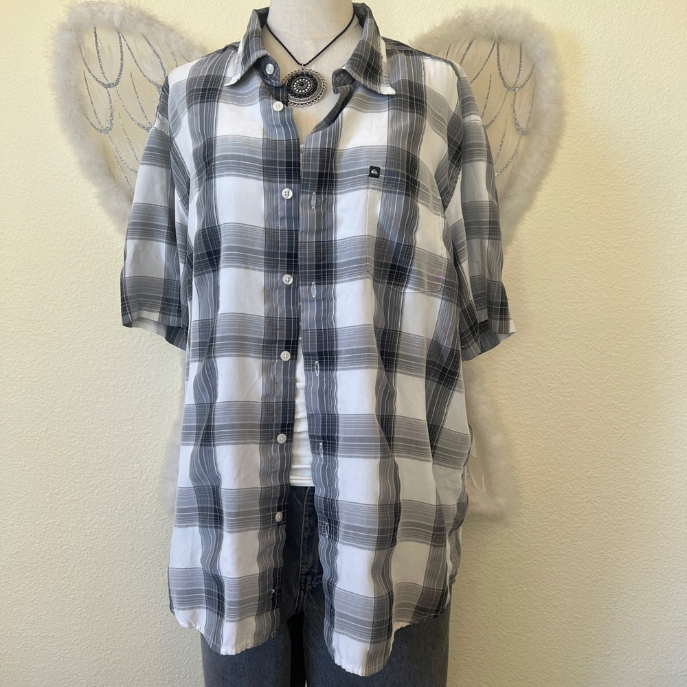 Indie Skater‎ Grunge Plaid Oversized Shirt Button Up Short Sleeve Dad Grey Black